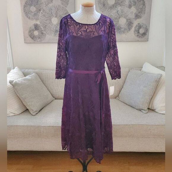 NEW! ALEX EVENINGS | Illusion Top Embroidered Tea Length Dress - [14P, purple] - Picture 3 of 13